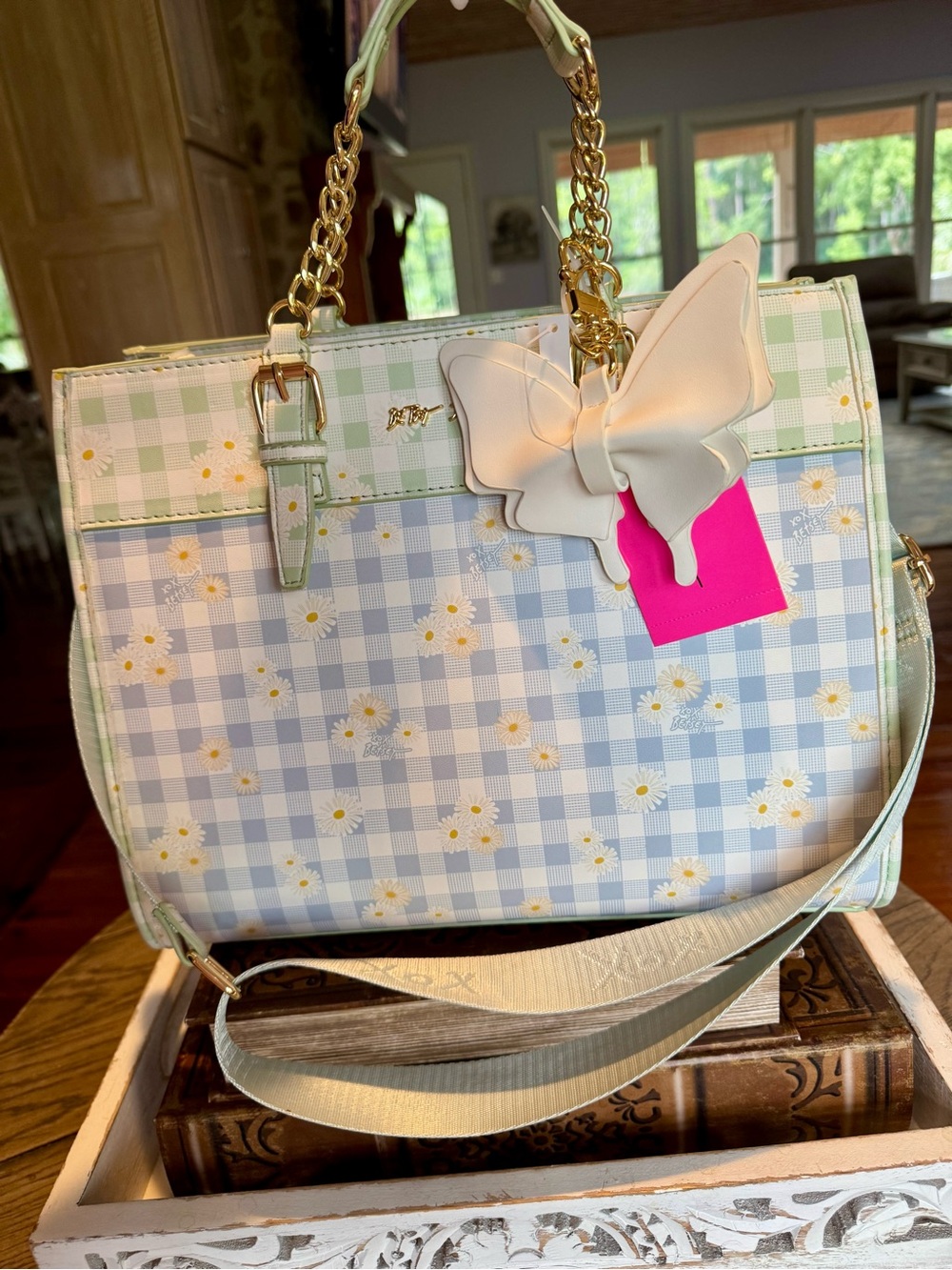 Betsy Johnson leather Butterfly Charm Checkered Floral Tote Mint & Light Blue